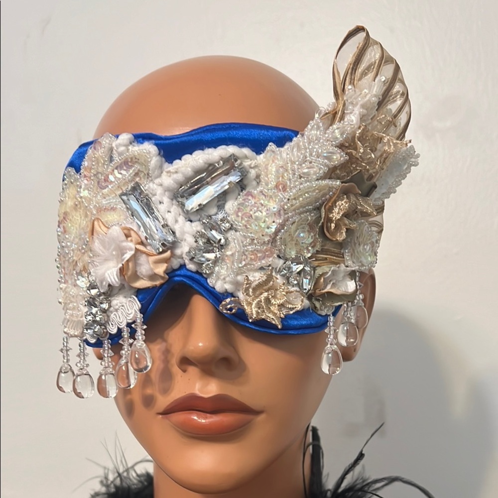 Elegant Blue  White Embellished Eye Mask Burlesque Beaded Boudoir Eye Mask